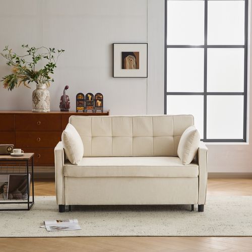Canapé Convertible 2 Places En Chenille Beige, Dossier Réglable