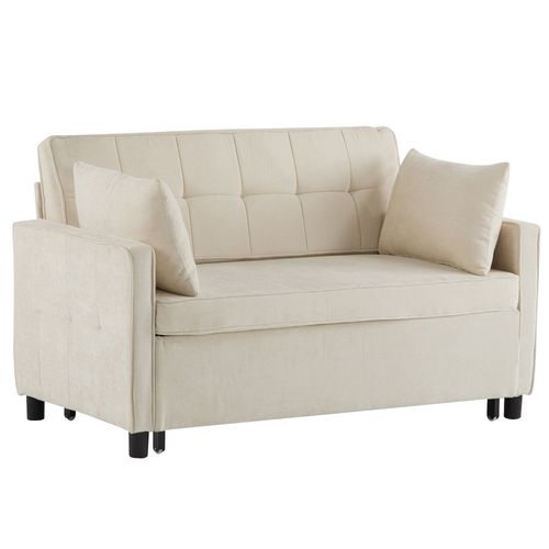 Canapé Convertible 2 Places En Chenille Beige, Dossier Réglable