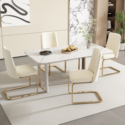Lot De 4 Chaises Velours Beige, Dossier Losange, Pieds Métal Doré, Style Lounge