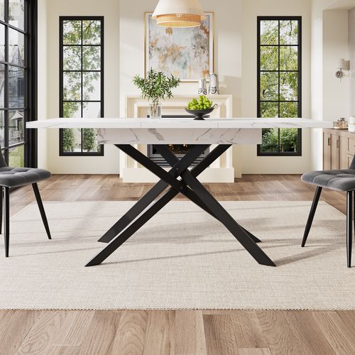Table à Manger Extensible 6–8 Personnes 120-160x80 Cm Plateau Blanc Marbré, Métal Noir