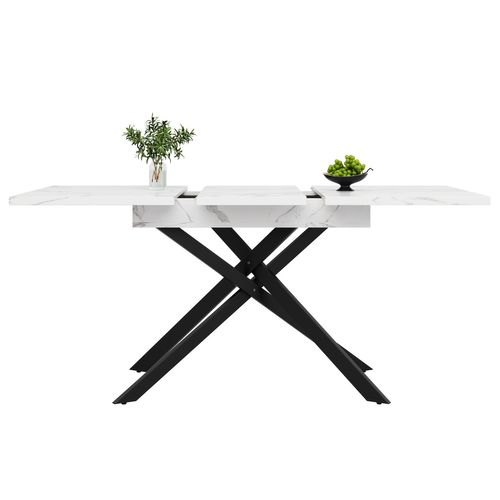 Table à Manger Extensible 6–8 Personnes 120-160x80 Cm Plateau Blanc Marbré, Métal Noir