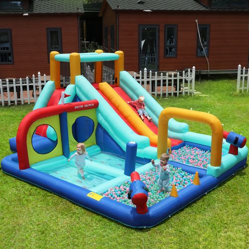 Château Gonflable Enfant Avec Soufflerie 450 W, Parc Aquatique Bleu En Tissu Oxford