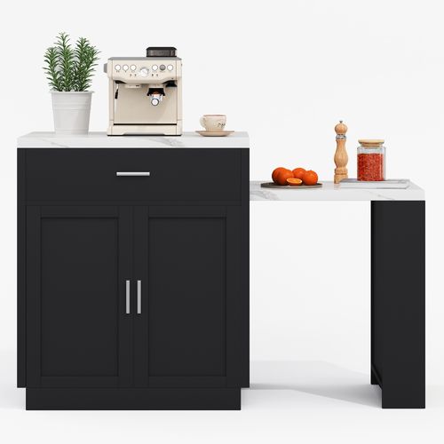 Table De Bar, Îlot De Cuisine Extensible, 2 Tiroirs, 2 Portes, Prises USB, Noir/blanc Effet Marbre