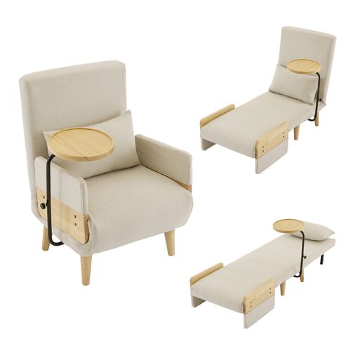 Fauteuil Convertible 3-en-1 88×74,5×66 Cm Lin Beige Avec Coussin Et Tablette