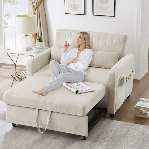 Canapé Convertible 2 Places 166x95 Cm – Canapé-lit, Dossier 3 Positions, Tissu Coton-lin Beige