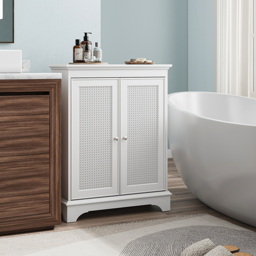 Armoire De Salle De Bain Blanc En Bois Avec Portes En Rotin Et Étagère Réglable