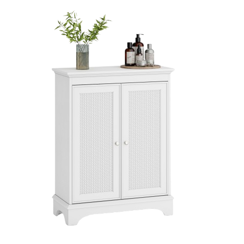 Armoire De Salle De Bain Blanc En Bois Avec Portes En Rotin Et Étagère Réglable
