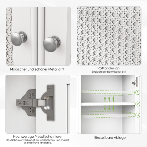 Armoire De Salle De Bain Blanc En Bois Avec Portes En Rotin Et Étagère Réglable
