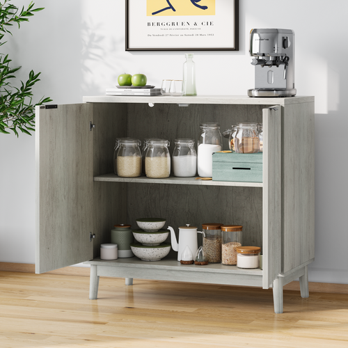 Buffet Gris Avec Portes Rainurées Et Étagères Réglables, Salon Et Entrée