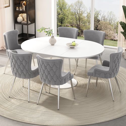 Lot De 6 Chaises En Velours Gris, 4 Pieds Métal Argenté, Salle à Manger