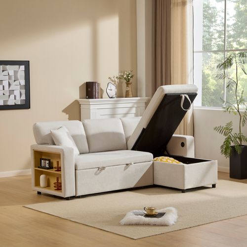 Canapé D'angle Convertible 4 Places Avec Coffre De Rangement Et Port USB, Velours Flanelle Beige