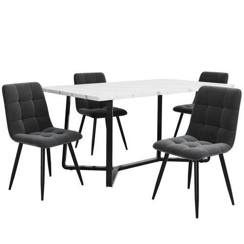 Set Repas 5 Pièces, Table à Manger + 4 Chaises Velours Gris — Effet Marbre Blanc, Pieds Métal Noir