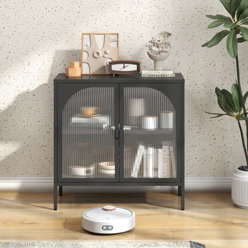 Buffet 80×80×35 Cm, 2 Portes En Verre, 1 Étagère Réglable, Métal Noir