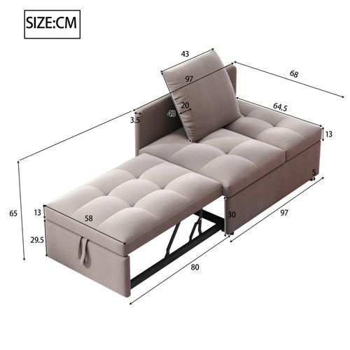 Fauteuil Convertible 177x68x65 Cm En Lin Gris, Dossier 5 Positions