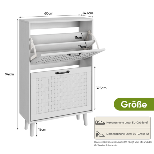 Meuble à Chaussures Étroit Blanc Avec 2 Abattants En Rotin