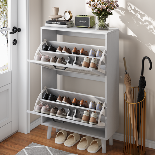 Meuble à Chaussures Étroit Blanc Avec 2 Abattants En Rotin