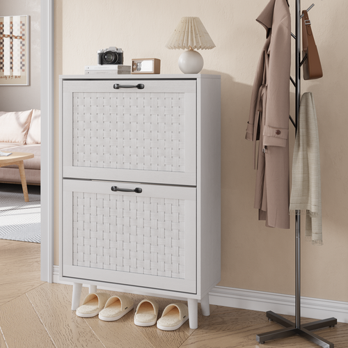 Meuble à Chaussures Étroit Blanc Avec 2 Abattants En Rotin