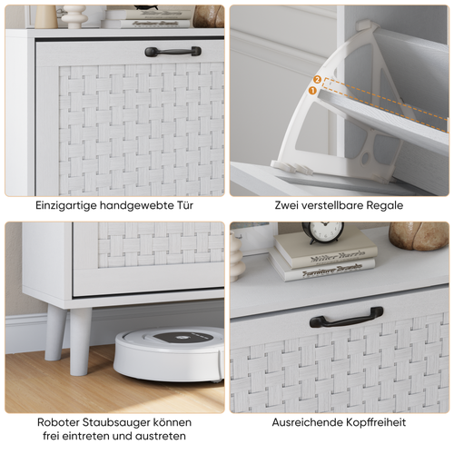 Meuble à Chaussures Étroit Blanc Avec 2 Abattants En Rotin