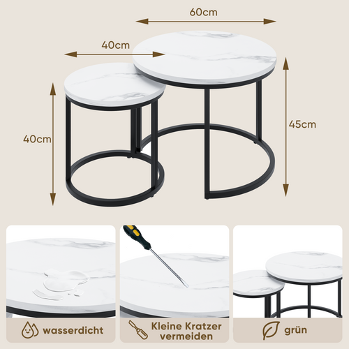 Set De 2 Tables Basses Gigognes Rondes 60 Cm Blanc Effet Marbre Et Métal Noir