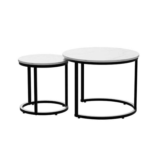 Set De 2 Tables Basses Gigognes Rondes 60 Cm Blanc Effet Marbre Et Métal Noir