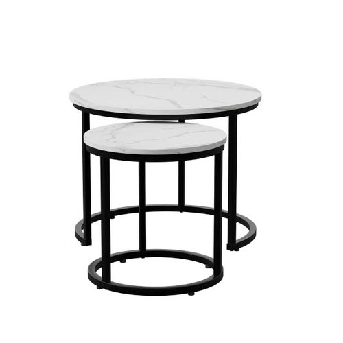 Set De 2 Tables Basses Gigognes Rondes 60 Cm Blanc Effet Marbre Et Métal Noir