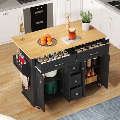 Desserte De Cuisine 120×65 Cm Extensible, Avec 5 Tiroirs Et 2 Portes, Noir Et Naturel, Sur Roulettes