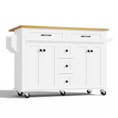 Desserte De Cuisine Blanche Extensible, Plateau Rabattable, 5 Tiroirs et 2 Portes, Blanc/naturel