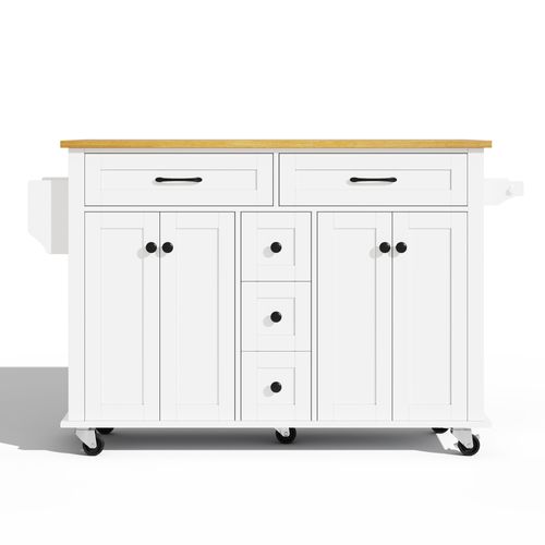 Desserte De Cuisine Blanche Extensible, Plateau Rabattable, 5 Tiroirs et 2 Portes, Blanc/naturel