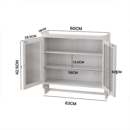 Armoire Murale 63x60x18 Cm, 2 Portes, 3 Étagères, Blanc Patiné Vintage