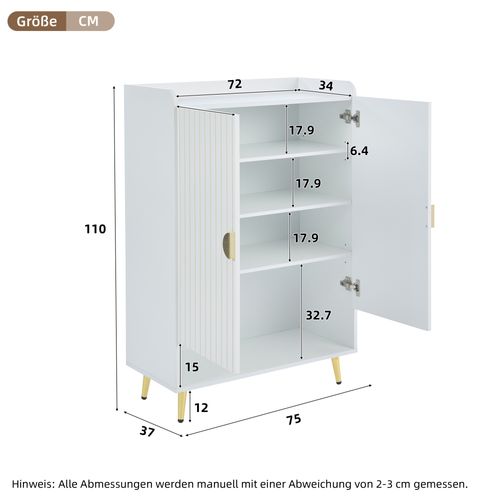 Meuble à Chaussures 75x37x110 Cm, Mdf Blanc Mat, 3 Niveaux + Tiroir Ouvert, Portes Doubles