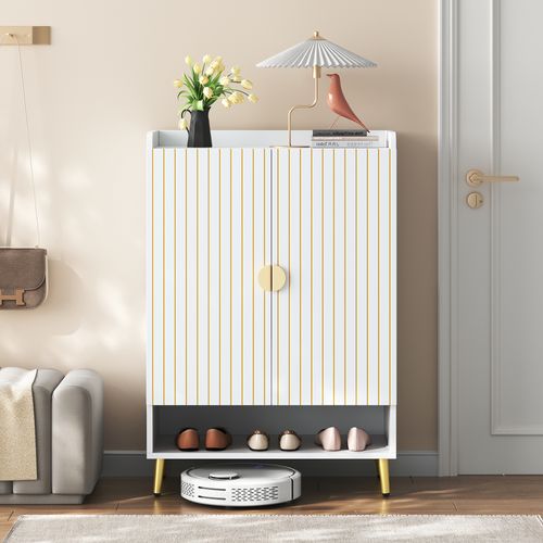 Meuble à Chaussures 75x37x110 Cm, Mdf Blanc Mat, 3 Niveaux + Tiroir Ouvert, Portes Doubles