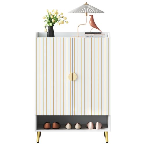 Meuble à Chaussures 75x37x110 Cm, Mdf Blanc Mat, 3 Niveaux + Tiroir Ouvert, Portes Doubles