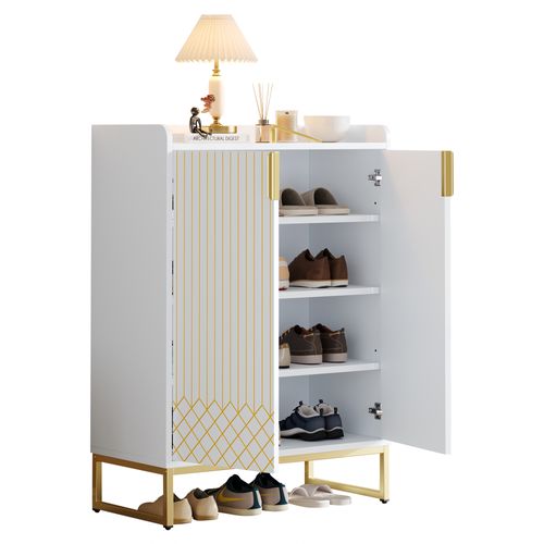 Meuble à Chaussures 75x37x105 Cm Blanc Avec 4 Étagères, Pieds Métal Doré