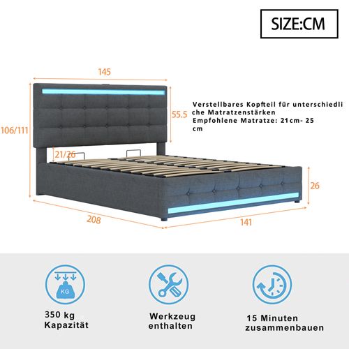 Lit Coffre 140x200 Cm En Lin Avec LED, Port USB Et Rangement Hydraulique, Structure Métal Bois, Gris