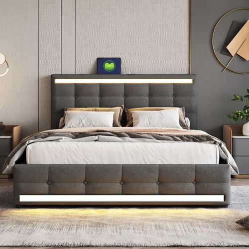 Lit Coffre 140x200 Cm En Lin Avec LED, Port USB Et Rangement Hydraulique, Structure Métal Bois, Gris