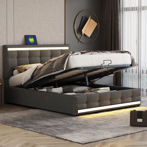 Lit Coffre 140x200 Cm En Lin Avec LED, Port USB Et Rangement Hydraulique, Structure Métal Bois, Gris