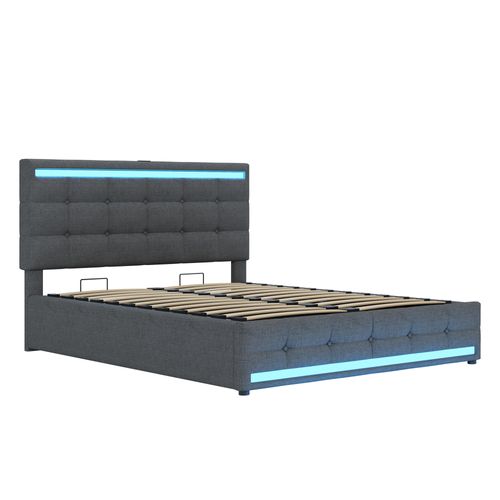 Lit Coffre 140x200 Cm En Lin Avec LED, Port USB Et Rangement Hydraulique, Structure Métal Bois, Gris