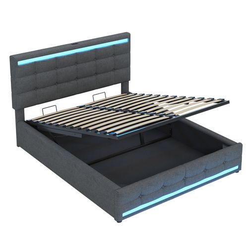 Lit Coffre 140x200 Cm En Lin Avec LED, Port USB Et Rangement Hydraulique, Structure Métal Bois, Gris