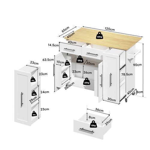 Desserte De Cuisine Mobile Rabattable 3 Étagères Coulissantes, 2 Tiroirs Et 2 Portes, Blanc/naturel