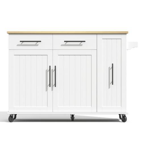 Desserte De Cuisine Mobile Rabattable 3 Étagères Coulissantes, 2 Tiroirs Et 2 Portes, Blanc/naturel