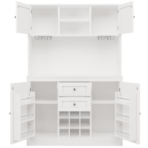 Buffet De Cuisine Haut 120x40x188 Cm Blanc Avec 4 Portes, 2 Tiroirs Et Casier à Vin