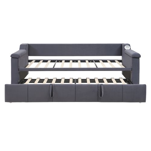 Lit Enfant Gigogne 90x190 Cm Convertible En 180x190, Velours Gris, Ports USB Et Sommier à Lattes