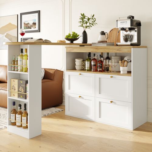 Table De Bar Blanche Pivotante 105×39×102 Cm, 4 Tiroirs Et Étagères Ouvertes, Rangement