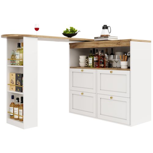 Table De Bar Blanche Pivotante 105×39×102 Cm, 4 Tiroirs Et Étagères Ouvertes, Rangement