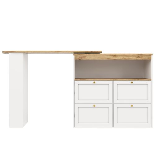 Table De Bar Blanche Pivotante 105×39×102 Cm, 4 Tiroirs Et Étagères Ouvertes, Rangement