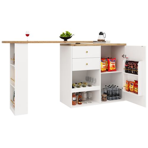 Table De Bar Blanche Pivotante 105 X 39 X 102 Cm, Étagères, 2 Tiroirs, Porte Et Range-bouteilles