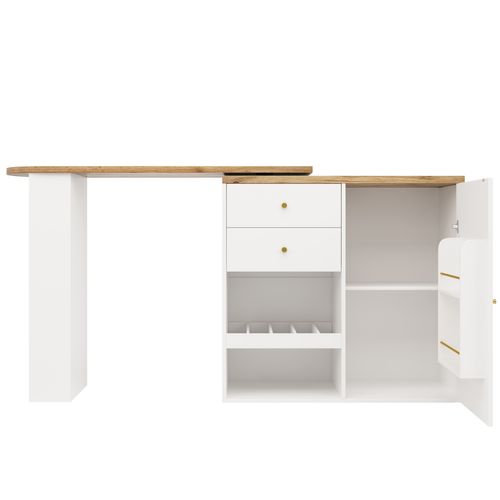 Table De Bar Blanche Pivotante 105 X 39 X 102 Cm, Étagères, 2 Tiroirs, Porte Et Range-bouteilles