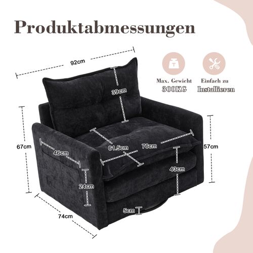 Fauteuil Lounge 360° Pivotant Avec Accoudoirs, Grand Fauteuil En Tissu Chenille Noir