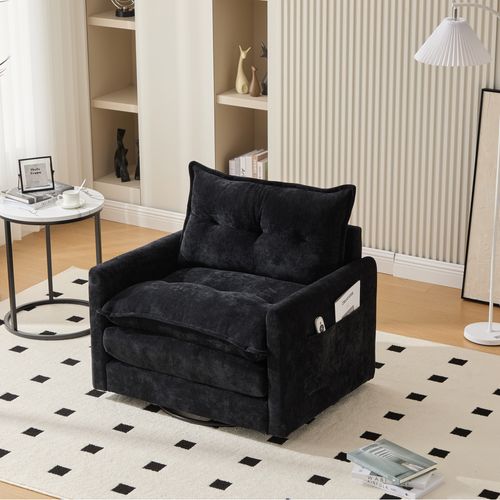 Fauteuil Lounge 360° Pivotant Avec Accoudoirs, Grand Fauteuil En Tissu Chenille Noir