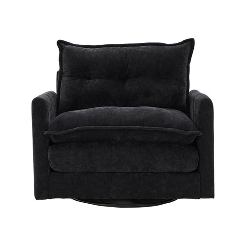 Fauteuil Lounge 360° Pivotant Avec Accoudoirs, Grand Fauteuil En Tissu Chenille Noir